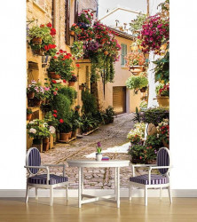 Blossomed old mediterranean town street wall mural - 1339A