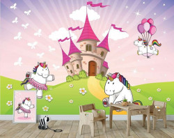 Unicorns by the castle, children's room wallpaper - 11607
