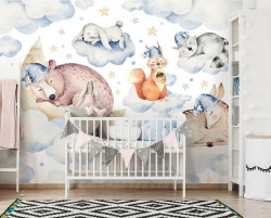 Sleeping in the clouds, animals wallpaper for children's room - 13671