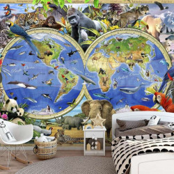 World map with ocean animals, kids room wall mural - 12842