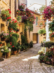 Blossomed old mediterranean town street wall mural - 1339A