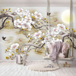 Blossomed trees and birds painting wall mural - 13287