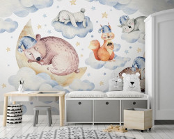 Sleeping in the clouds, animals wallpaper for children's room - 13671