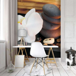 Zen themed wall mural, black stones and flower - 10188A
