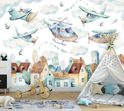 Airplanes and choppers over the town wall mural - 13675
