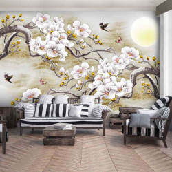 Blossomed trees and birds painting wall mural - 13287