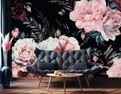 Pink flowers on a black background wall mural - 14414