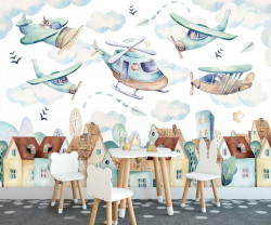 Airplanes and choppers over the town wall mural - 13675