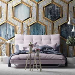 Art Wall Mural in shades of blue and gold - 13611