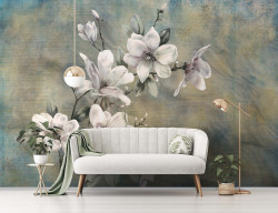 Nature flowers magnolia painted textured wall mural - 14151