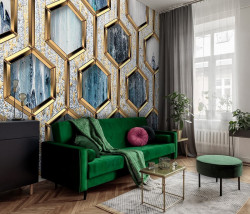 Art Wall Mural in shades of blue and gold - 13611