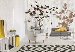 Trees and birds art painted wall mural - 12066