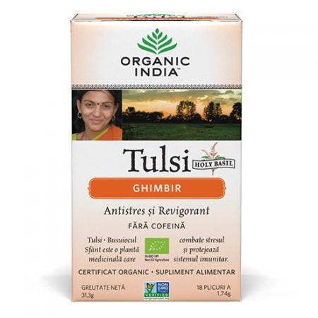 Ceai Tulsi (Busuioc Sfant) Ghimbir Antistres Natural si Revigorant, plicuri Organic Indian