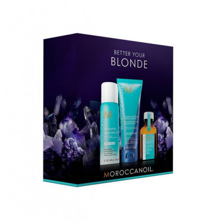 Pachet promo Moroccanoil: Tratament Moroccanoil pentru toate tipurile de par, Sampon Moroccanoil Blonde Perfecting Purple, Sampon uscat Moroccanoil