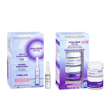 Set Gerocossen Hyaluron, Crema anti-age spf 10 de zi 50 ml, Crema anti-age de noapte 50 ml, Fiole cu acid hialuronic pur 12 fiole x 2 ml
