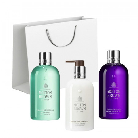 Set Cadou Molton Brown, Lotiune de Corp, Coco & Sandalwood 100 ml + Sampon Volumising With Kumudu 100 ml + Gel de Dus, Relaxing Ylang-Ylang 100 ml