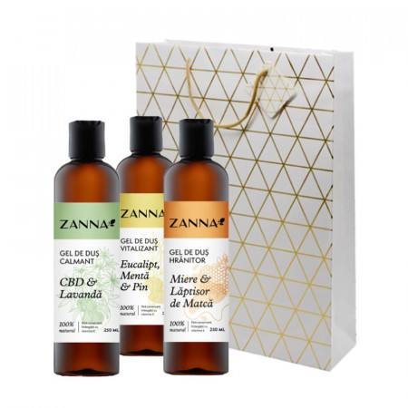 Set Gel de dus Calmant cu CBD & Lavanda, Gel de dus Hranitor cu Miere si Laptisor de Matca, Gel de dus Vitalizant cu Eucalipt si Pin, 250ml Zanna
