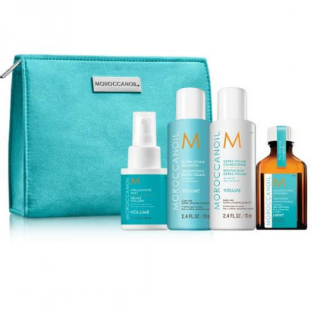 Set pentru calatorie Moroccanoil Volume, Sampon pentru volum, Balsam pentru volum, Spray de par Volume, Tratament pentru par fin si deschis la culoare Light.