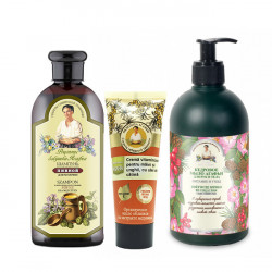 Set Bunica Agafia Sampon impotriva caderii parului 350ml+Crema vitaminizanta pentru maini si unghii 75ml +Sapun lichid pentru maini/corp 500ml