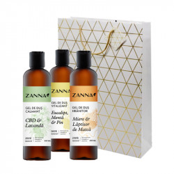 Set Gel de dus Calmant cu CBD & Lavanda, Gel de dus Hranitor cu Miere si Laptisor de Matca, Gel de dus Vitalizant cu Eucalipt si Pin, 250ml Zanna