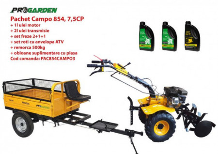 Pachet motocultor Campo 854, benzina, 7.5CP, 2+1 trepte, roti atv, manicot rulment, remorca 500kg, ulei motor si transmisie incluse