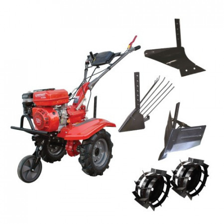 Pachet Motocultor Rotakt RO100RS, 7 CP, benzina, Plug de arat + Plug de bilonat + Plug de scos cartofi + Roti metalice 4.00-8
