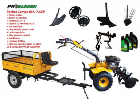 Pachet motocultor Campo 854, benzina, 7.5CP, 2+1 trepte, roti atv, manicot rulment, remorca 500kg, accesorii PS1, ulei motor si transmisie incluse