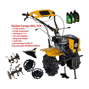 Pachet motocultor Campo 803, benzina, 7CP, 2+1 trepte, 2+1+1 freze, plug bilonat, accesorii, ulei motor si transmisie incluse