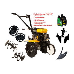 Pachet motocultor Campo 703, benzina, 7CP, 2+1 trepte, 2+1 freze, reversibil, ulei motor si transmisie incluse
