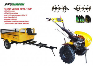 Pachet motocultor Campo 1803, benzina, EURO5, 18CP, 2+1 trepte, remorca 600kg ulei motor si transmisie inclusePachet motocultor Campo 1803, benzina, EURO5, 18CP, 2+1 trepte, remorca 600kg ulei motor si transmisie incluse