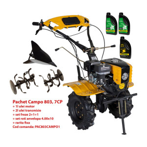Pachet motocultor Campo 803, benzina, 7CP, 2+1 trepte, 2+1+1 freze, plug bilonat, ulei motor si transmisie incluse