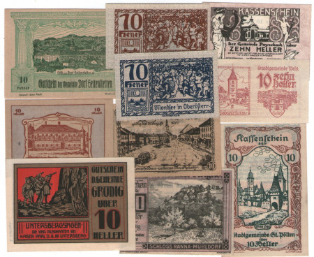 Austria 1920 - 10 heller, 10 bucati notgeld diferite