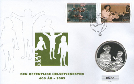 Norvegia 2003 - FDC cu medal Serviciul public de sănătate 400 de ani, proof