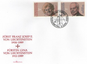 Liechtenstein 1990 - Prințul Franz Joseph al II-lea și Prințesa Gina, serie pe FDC