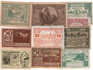 Austria 1920 - 50 heller, 10 bucati notgeld diferite