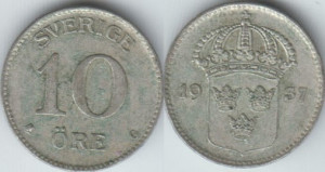 Suedia 1937 - 10 ore, circulata - argint