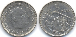 Spania 1957 - 5 pesetas, circulata