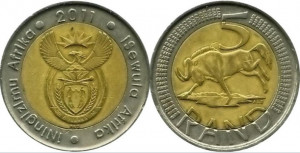 Africa de Sud 2011 - 5 rand, circulata - bimetal