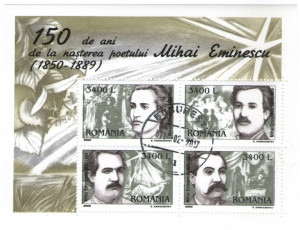 Romania 2000 - 150 de ani de la nașterea poetului Mihai Eminescu, bloc stampilat