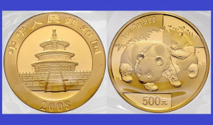 China 2008 - 500 yuan, moneda cu panda, aurit