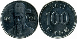 Coreea de Sud 2011 - 100 won, circulata