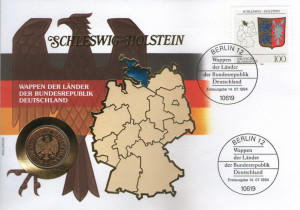 Germania 1992A - FDC cu moneda 1 mark(aurit), land Schleswig-Holstein