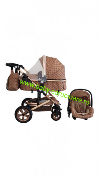 Carucior nou născut 3 in 1 + geantă multifuncționala+plasă pentru insecte Baby Care S 530 Capuccino Bambucci