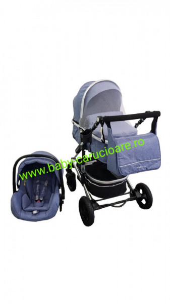 Cărucior nou născut 3 in 1+geantă multifuncționala+plasă pentru insecte Baby Care 531 Albastru Jeans