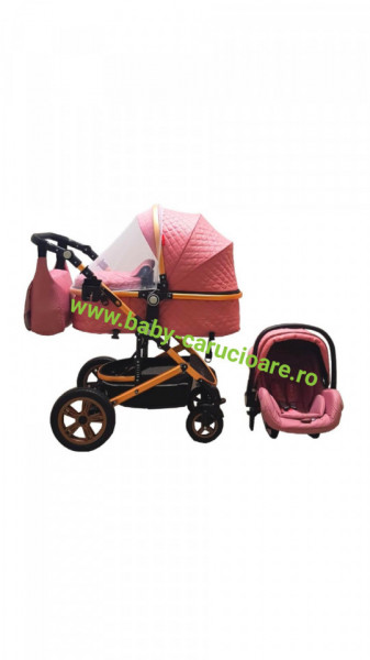 Carucior nou născut 3 in 1+ geantă multifuncționala +plasă pentru insecte Baby Care S 530 Roz Design