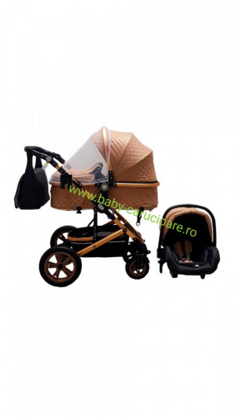 Cărucior nou născut 3 in 1 +geantă multifuncționala+ plasă pentru insecte Baby Care 530 Capuccino Design