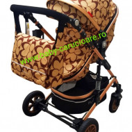 Carucior nou născut 3 in 1 + geantă multifuncționala+plasă pentru insecte Baby Care 531 Capuccino Fluturași