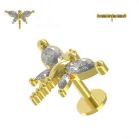 CZ Jeweled Dragonfly Internally Threaded Surgical Steel Gold