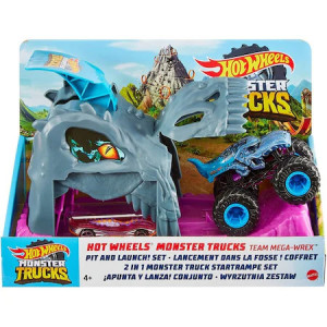 Pista de masini Hot Wheels Truck Pit and Launch Team Mega Wrex cu 2 masinute