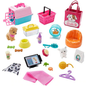 Papusa Barbie blonda cu magazin de animale si 25 de accesorii, 30 cm